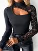 Elegancka Koronkowa Patchworkowa Koszulka z Długim Rękawem Czarna Temperament Elegancka Dopasowany Krój Podkreślająca Smukłość