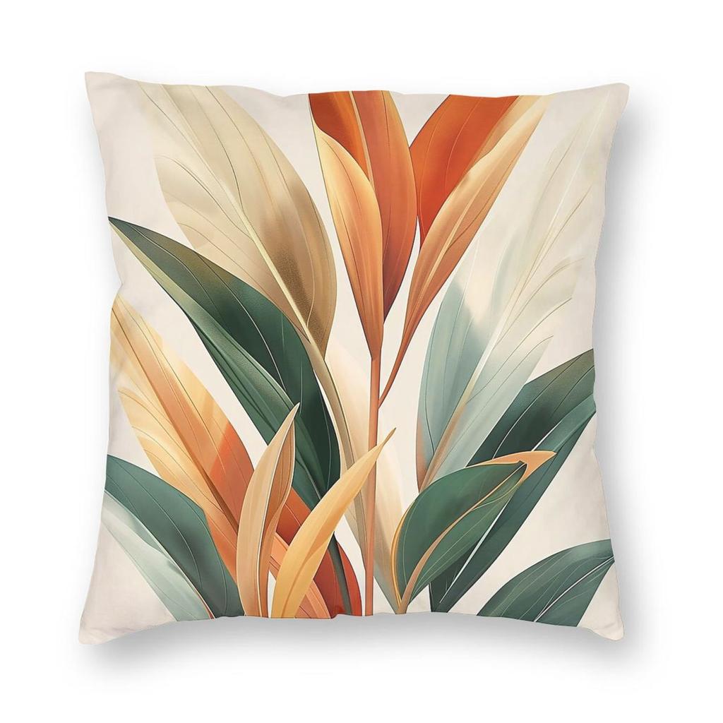 Boho Leaves Orange Green Square Pillowcase Polyester Linen Velvet Pattern Zip Decor Bed Cushion Cover