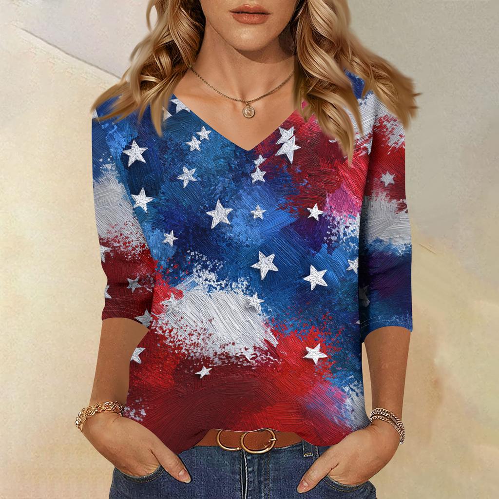 Women's Tops Three-quarter Sleeve Shirt V-neck Loose Casual Shirt Print T-shirt