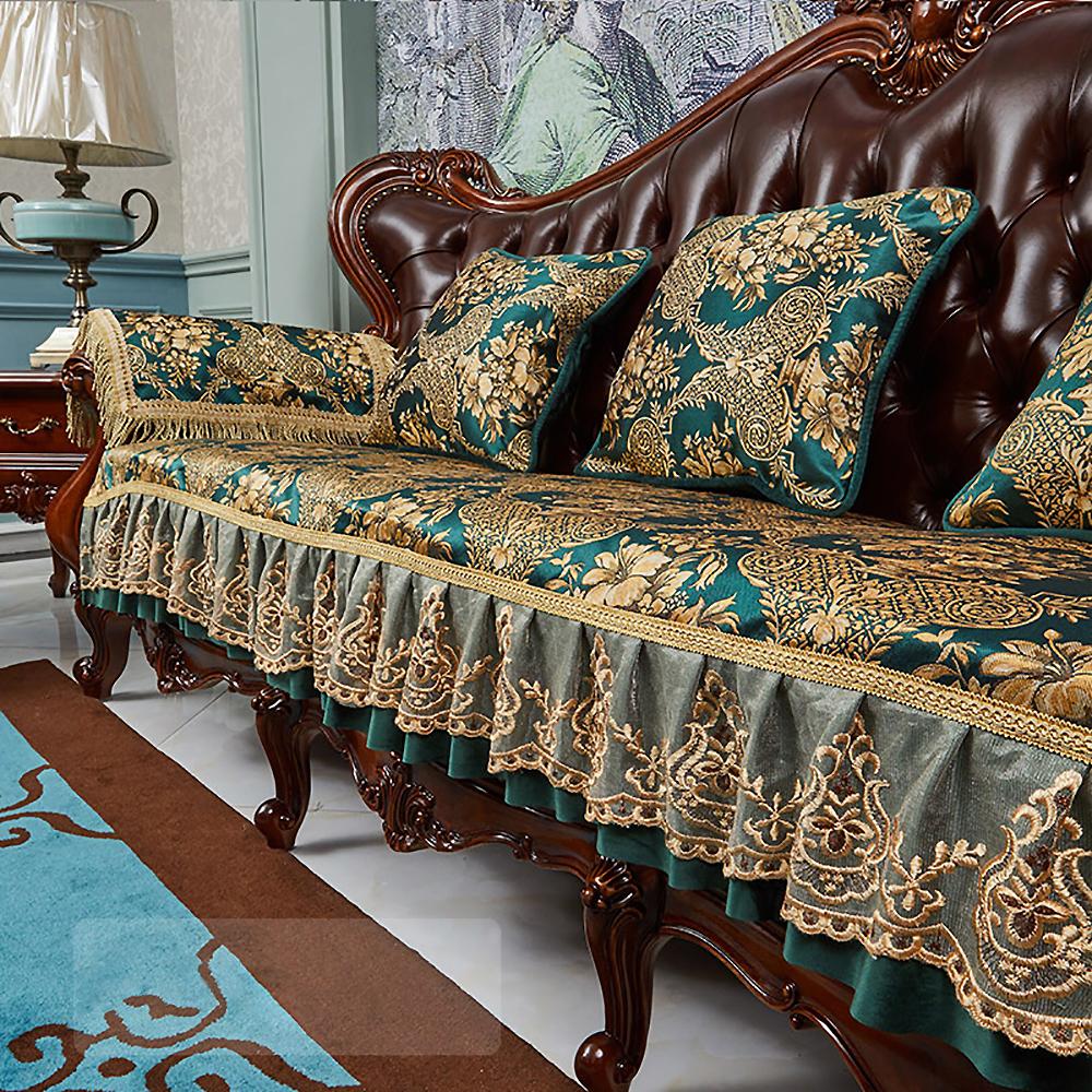 European Luxurious Lace Edge Sofa Cushion Anti-slip Floral Pattern Jacquard Fabric Sofa Cover Armchair Towel Home Sofa Slipcover