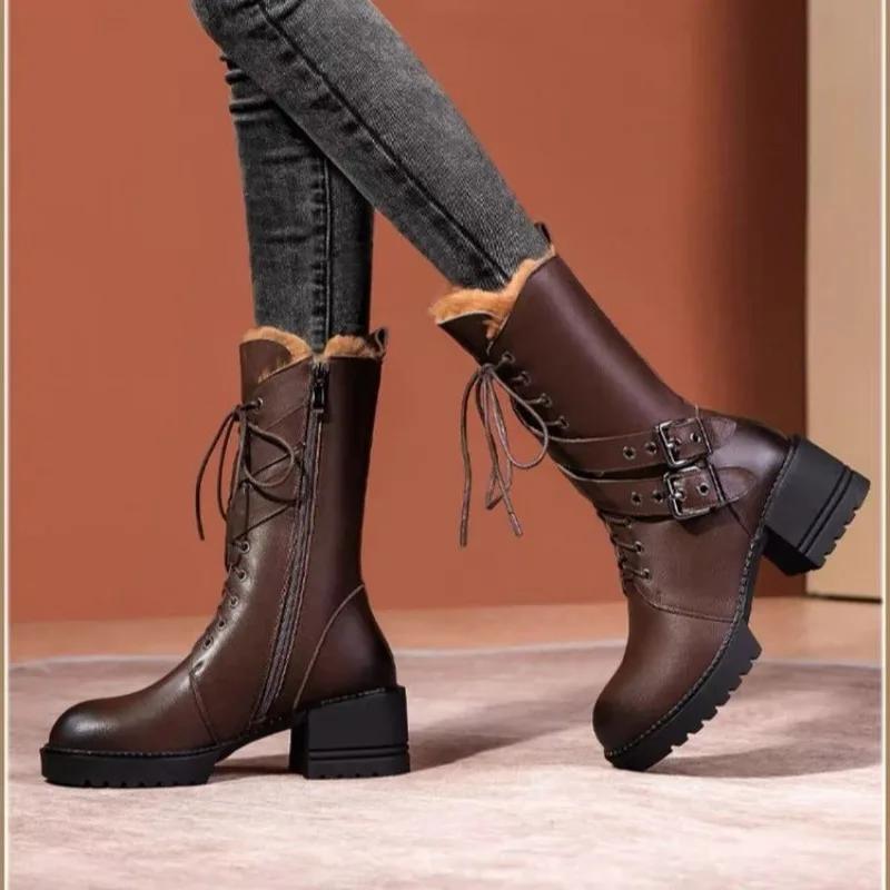 Winter New Thick Heel Cotton Boots Women's Fashion Round Head Front Strap Buckle Thick Sole Non-slip Mid-calf Boots