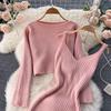 Women Autumn Winter Knit Set Slim Solid Color Two Piece All Match Crop Sweater Hip Dress For Ladies