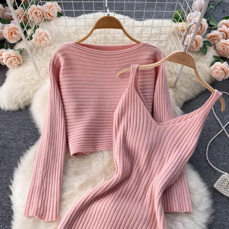 Women Autumn Winter Knit Set Slim Solid Color Two Piece All Match Crop Sweater Hip Dress For Ladies