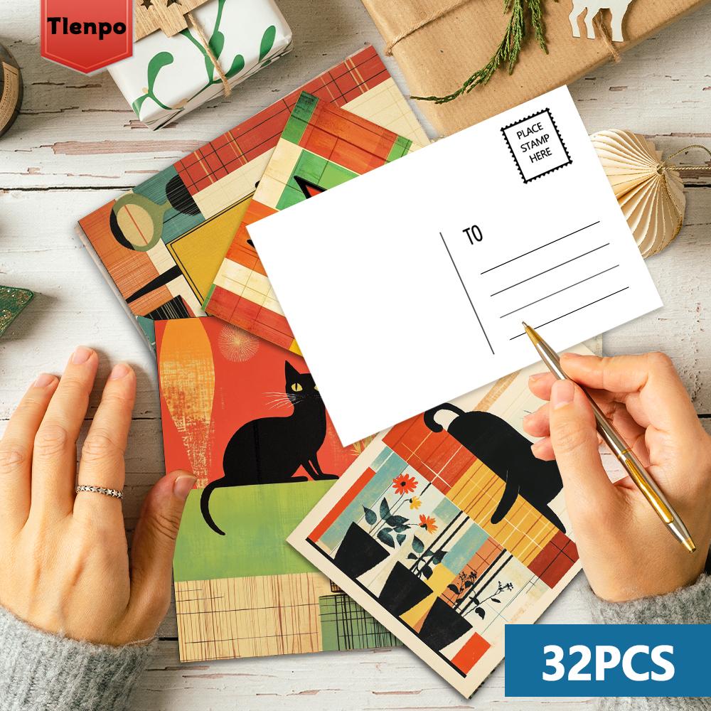 32pcs, Abstract Geometric Black Cat Postcard, Birthday/Anniversary Gift, Collectible, Suitable for Gift Giving, Can Be Mailed.