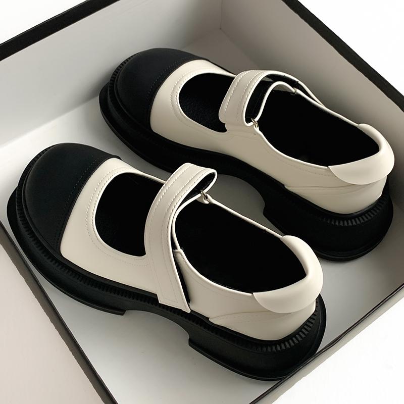 Japanese Thick -Soled Small Leather Shoes Women 'S  Autumn New Shallow Mouth Color Matching Velcro Thick Heel Round Head Mary Jane Shoes