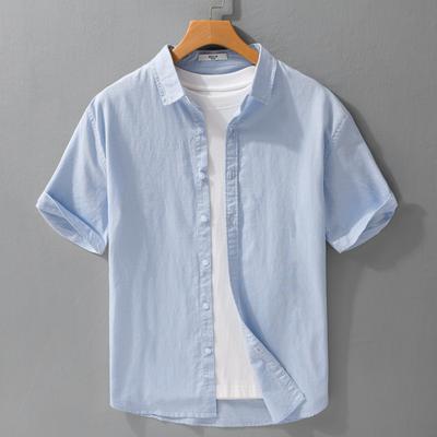 Schlichter Stil Sommeroberteile Herren Atmungsaktive Baumwolle Leinen Herren Kurzarmhemd Einfarbig Umlegekragen Knopfhemd Alltagskleidung