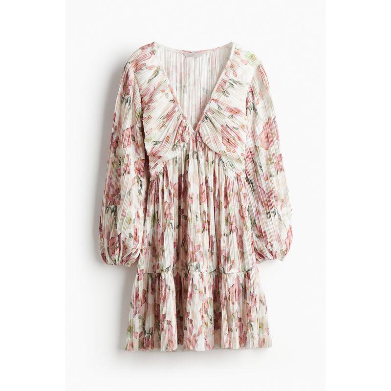 

HM Women s Clothing Dress Summer V-neck Lantern Sleeve A- line Pleated High Waist Florals Dress Short Skirt 1224087