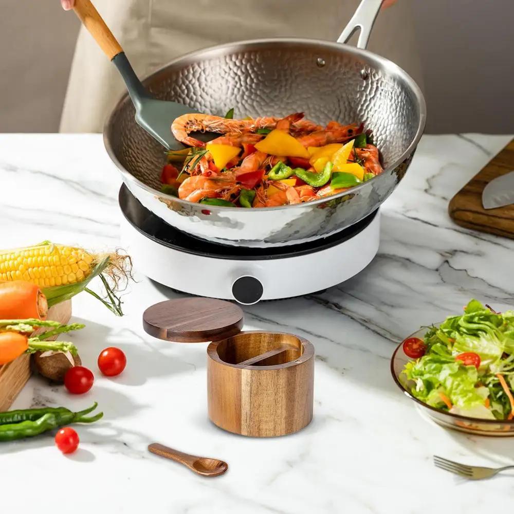 Acacia Wood Salt Box Solid Wood Spice Container Wooden Pepper Shaker Kitchen Seasoning Bottle Salt Storage Spice Jar