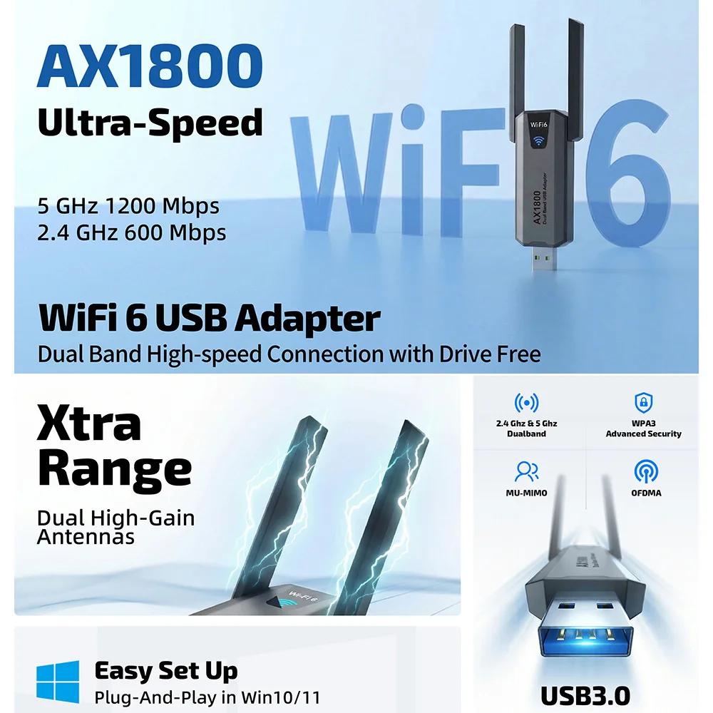 1800Mbps WiFi 6 AX1800 USB 3.0 Adapter Dual Band Network Card Antenna 2.4G/5Ghz Wireless USB Receiver Dongle Network Wi-Fi 6 For Laptop Win10/11