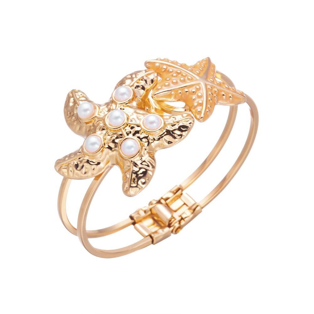 Fashion Pearl Shell Starfish Cuff Boho Enamel Metal Bracelet Asymmetry Irregular Bohemian Beach Jewelry Women