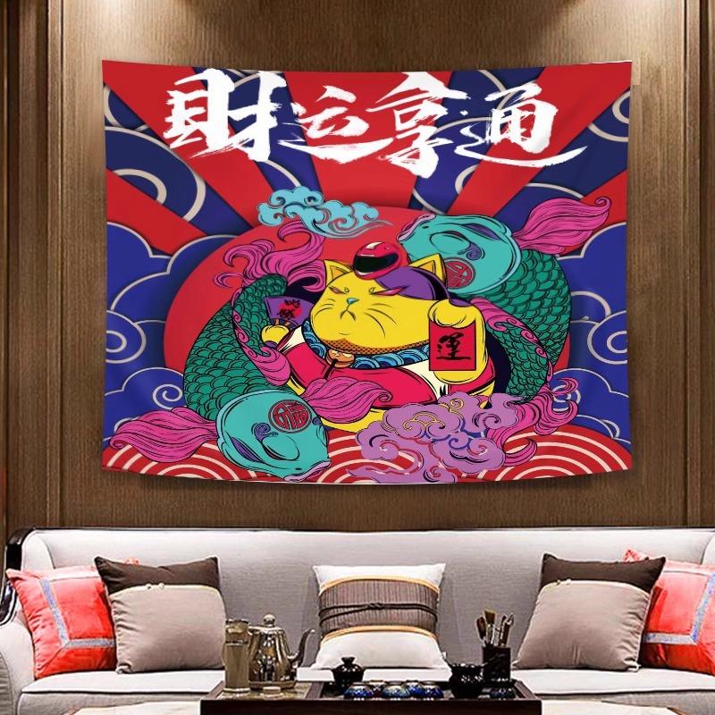 Cool Lucky Cat Tapestry Wall Hanging Koi Fish Urban Graffiti Red Blue Orange Aesthetic Wall Art Living Room Decor