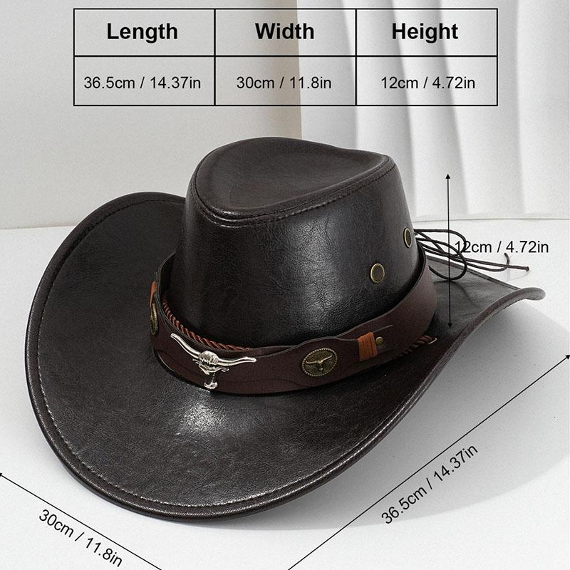 Vintage Faux Leather Classic Wide Brim Cowboy Hat Bullhead Decor Outdoor Sun Shield Hat Men Women Western Style Cowgirl Jazz Cap