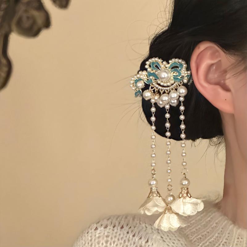 Vintage Chinese Style Pearl Tassel Hair Clips Enamel Flower Hair Pins For Women Hanfu Wedding Hair Accessories