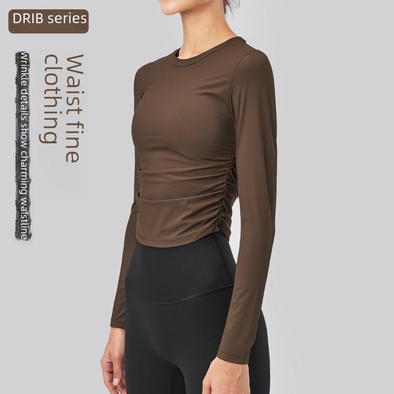 Dámsky top na jogu s dlhým rukávom slim fit – Rýchloschnúci, priedušný, plisované fitness tričko na jeseň