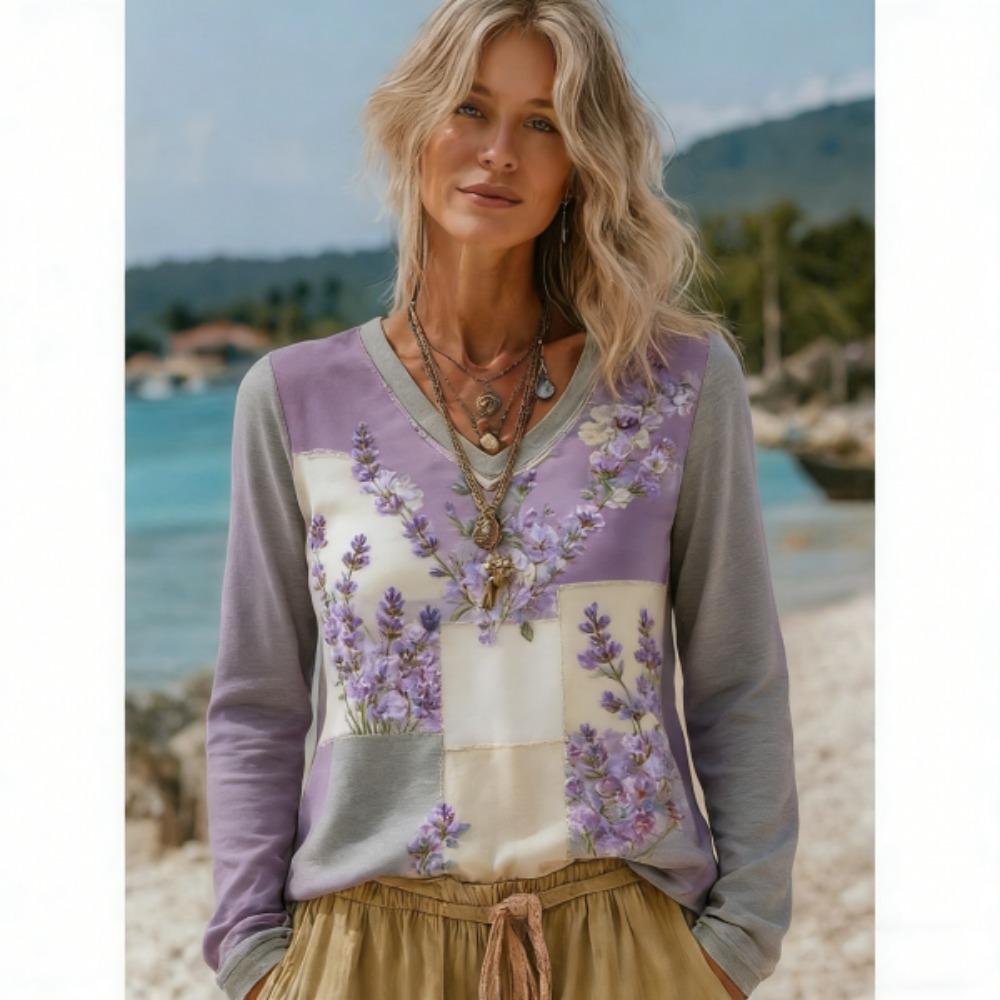 Spring Autumn Europe America Bohemian Style Fashion V-neck Women's T-shirt Pullover Women Long Sleeve Clothing Outdoor Casual Tees Top