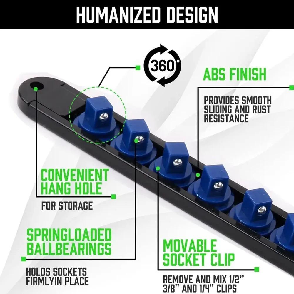 ABS Socket Organizer 360° Swivel 1/4Inch 3/8Inch 1/2Inch Premium Quality Socket Clip Rail Holder Socket Organizer Tools Blue