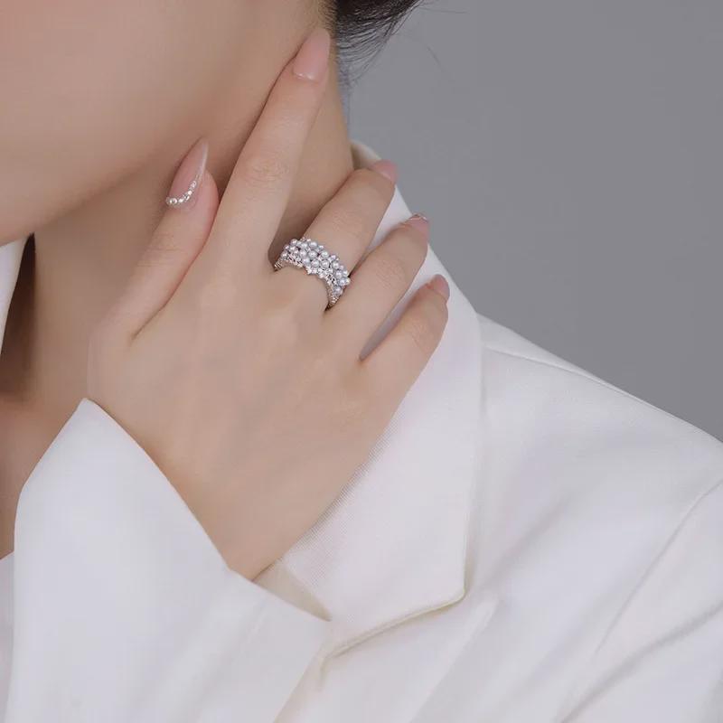 Zircon Micro-Inlaid Pearl Open Ring - Elegant Retro Fashion Jewelry for Women