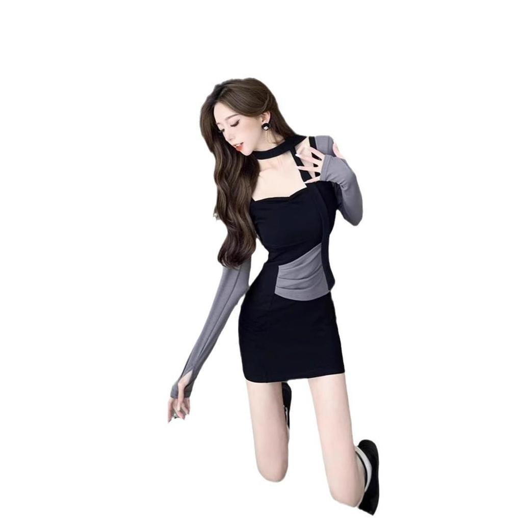 2024 Autumn/Winter Slim Fit Patchwork Dress: Sexy, Color Block, Hip-Hugging Skirt