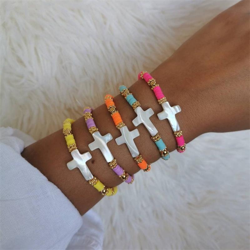 

Vlen Natural Shell Cross Bracelets Multicolor Heishi Bracelet for Women Boho Christian Jewelry Vinyl Clay Beads Elastic Pulseras жёлтый