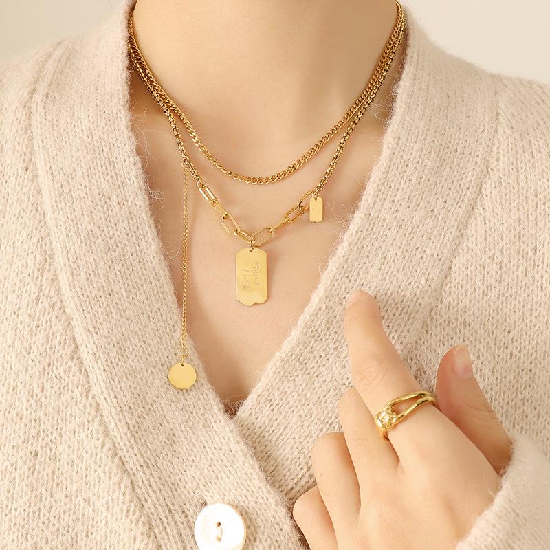European & American Stainless Steel Geometric Chain Double Layer Necklace (P643)
