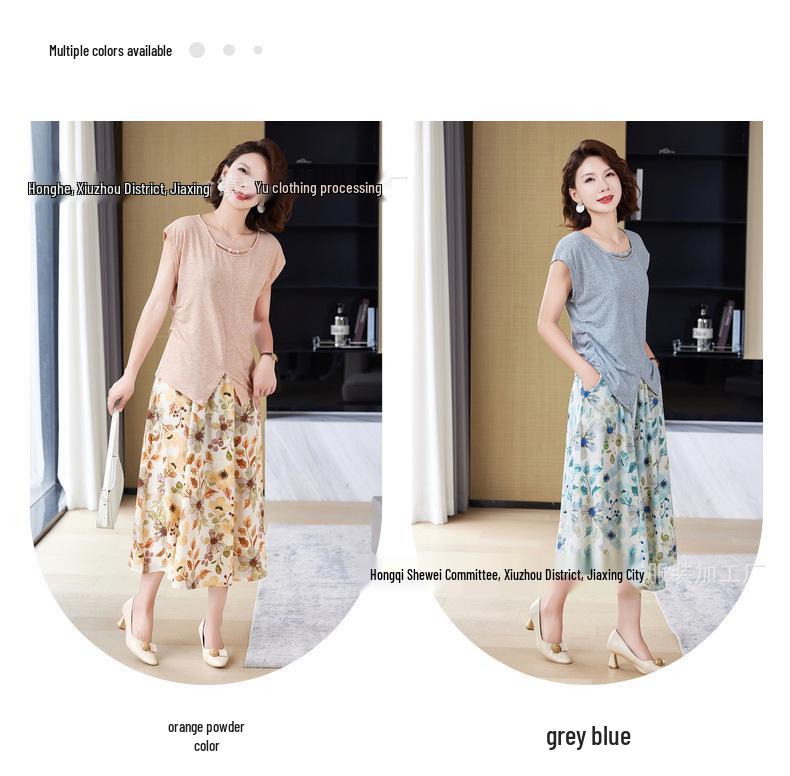 Mom's 2026 New Summer Chiffon Two-Piece Set: Short-Sleeve Top & Blouse for Middle-Aged and Elderly Women