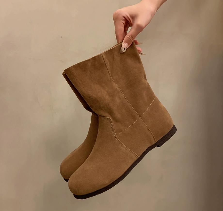 2026 New Fashion Autumn Women Mid-Calf Boots High Quality Cow Suede Leather Slip-On Flat Heel Casual Boots Ladies Handmade Retro