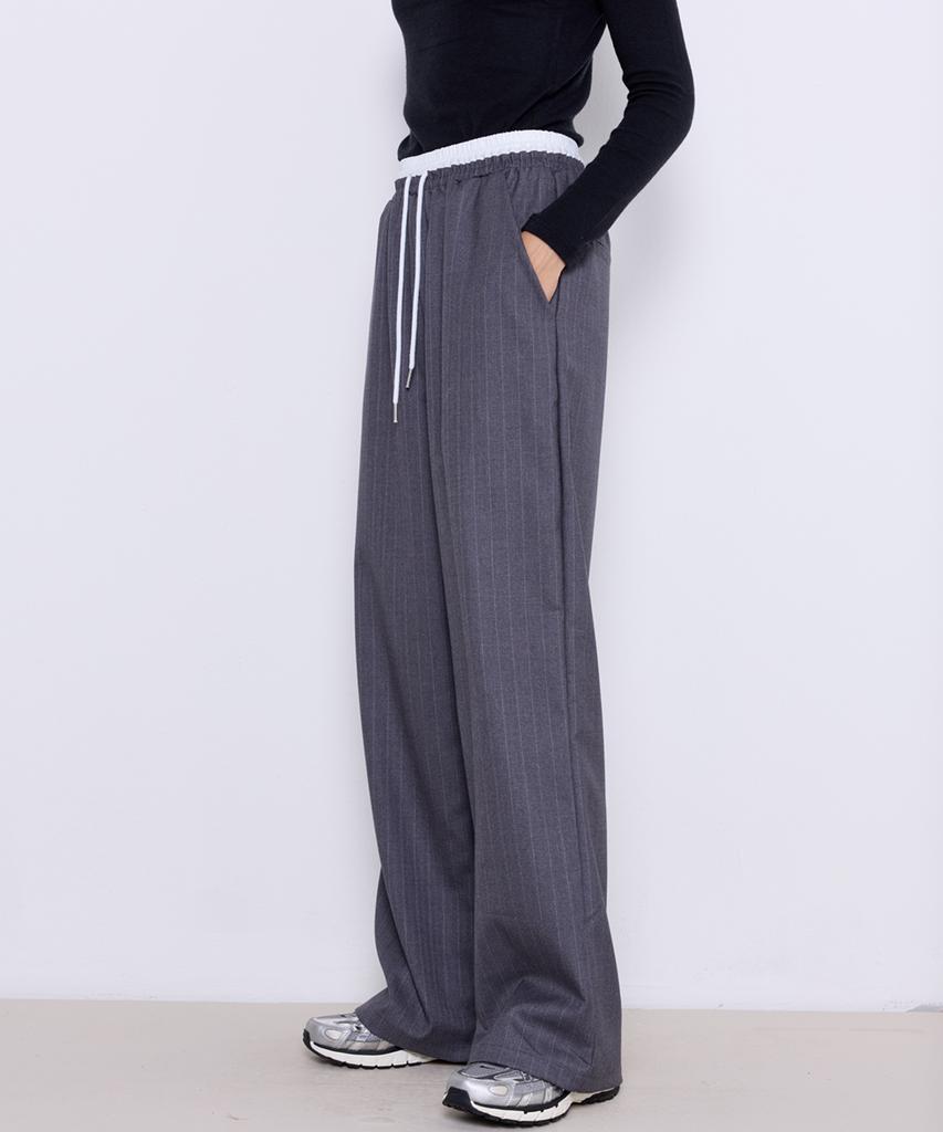MANAVIS7 Striped Elastic Pants [Ash]