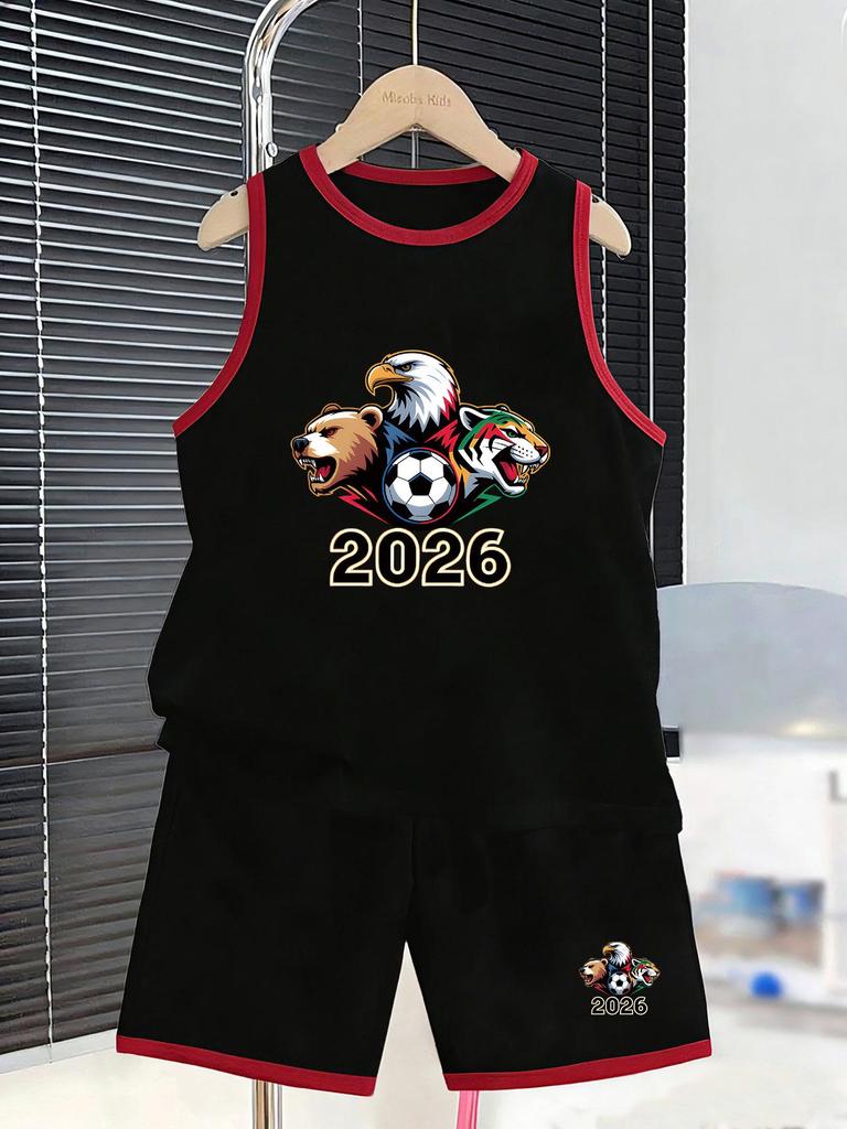 Boys’ Cool Football Beast Print Vest Set. Skin-friendly, Breathable, Loose Fit for Sports and Daily Summer Wear.