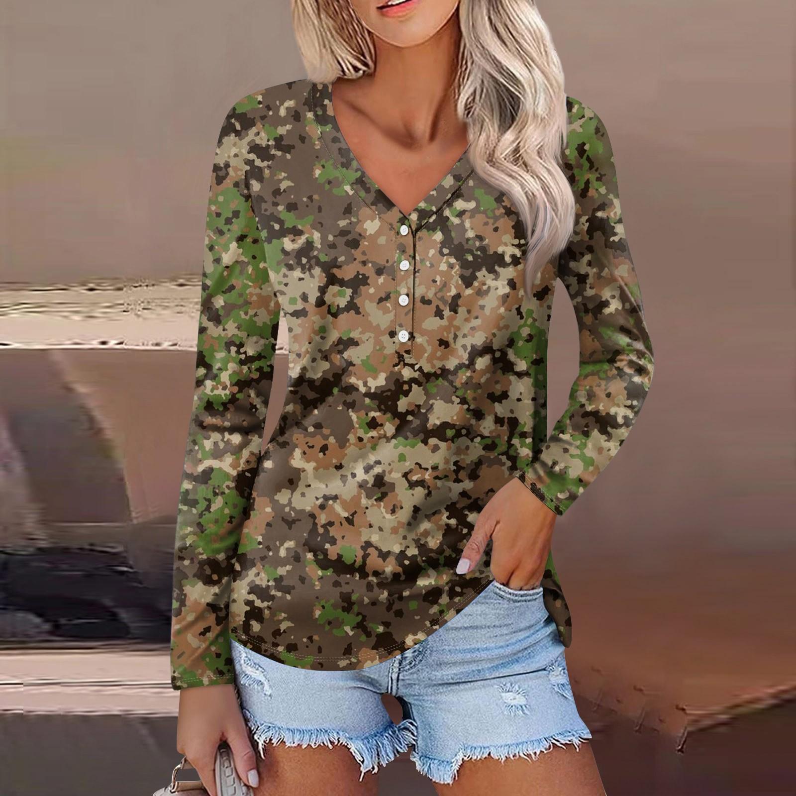 

Женская модная повседневная кофта с длинными рукавами и принтом листьев, камуфляжным принтом, V-образным вырезом и пуговицами L коричневый