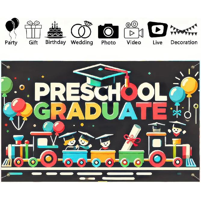 Preschool Graduation Banner Outdoor Backdrop Graduation Decorations 71x43 Inches 2025 Congrats Grad Banner with Balloons Train Ideal for Preschool