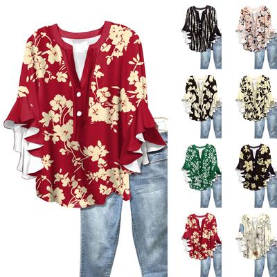 Summer Tops For Women Cute V Neck 3/4 Sleeve Blouses Floral Print Top Casual Shirts
