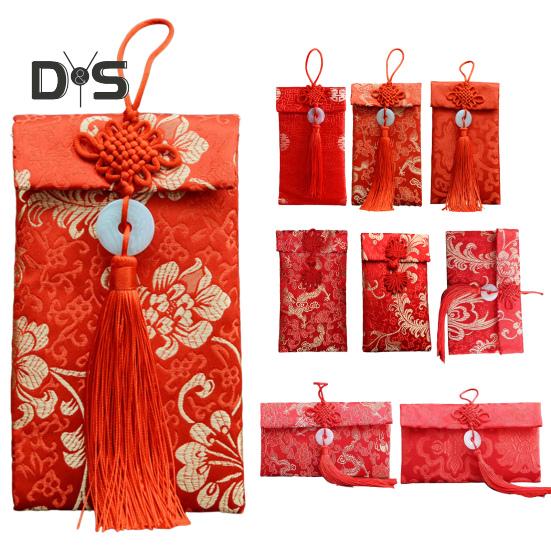 Plic roșu din mătase artificială Nuntă chinezească Buzunar roșu Lucky Money Hongbao Card Plic pentru numerar cu nod chinezesc pentru nunta la Festivalul de primăvară de Anul Nou