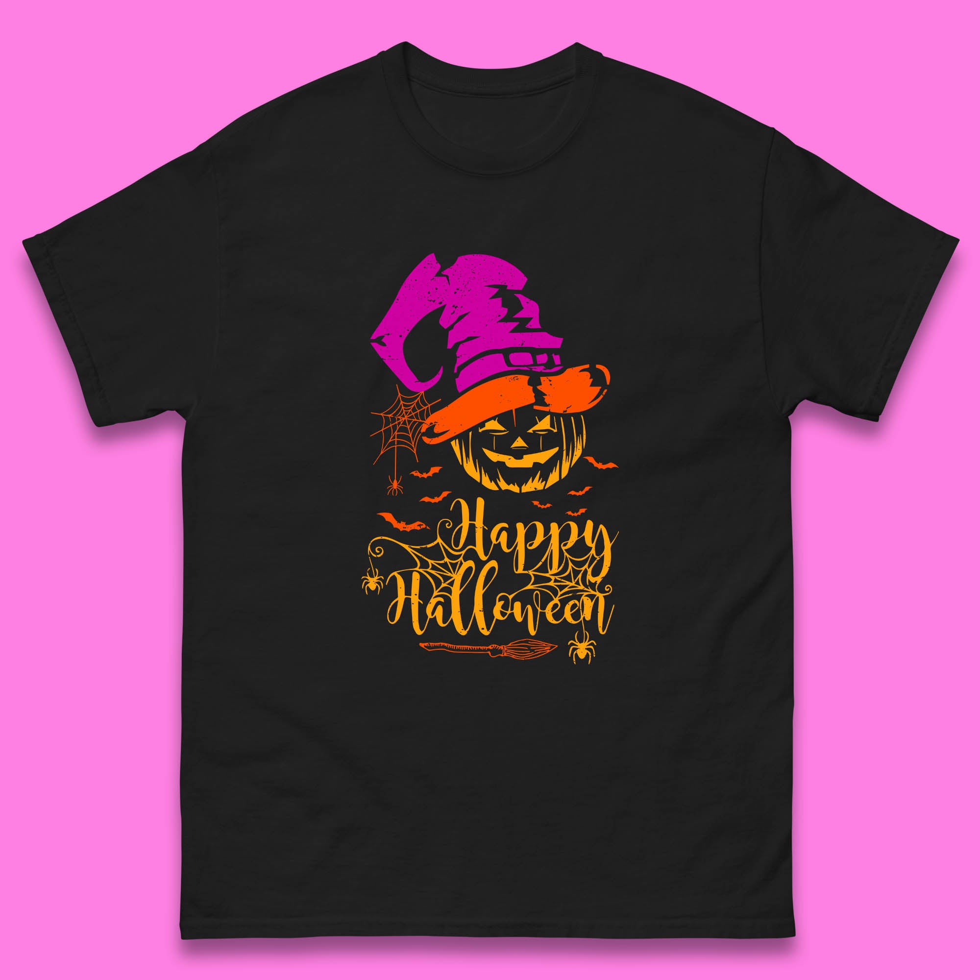 Happy Halloween Witch Hat Pumpkin Horror Scary Jack-o-lantern Flying Bats Mens Tee Top S
