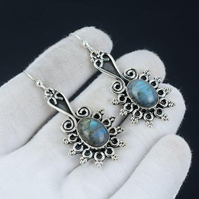 Pendiente de Piedra Preciosa de Labradorita Azul Natural, Pendiente de Piedra Preciosa Ovalado Pendiente de Plata de Ley 925, Pendiente de Piedra Natal de Labradorita Pendiente para Mujer