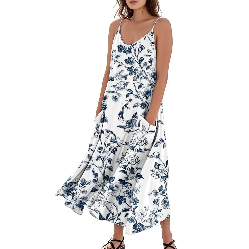 Women's Fashion Casual Floral Print Sleeveless Pocket Long Beach Dress