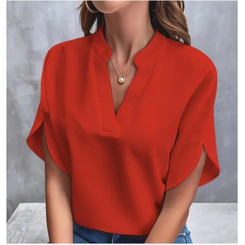 Damen Sommer V-Ausschnitt Elegantes Hemd Einfarbig Locker Kurzarm Freizeit-Top