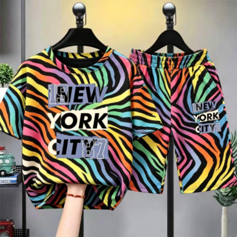

Colorful Zebra Stripe Letter Printed Men s T-shirt and Shorts 2 Piece Set Summer Home Outdoor Casual Outfit for Men s and Women s T-shirt Set XXS