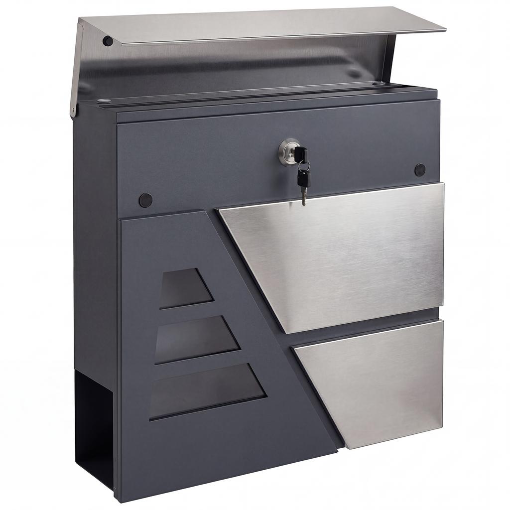 Mailbox Wall-Mounted Weatherproof with Newspaper Holder and 2 Keys for Exterior Wall, Dark Grey