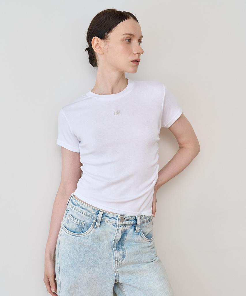BIBYSEOB Asymmetrical Shirred Half T-Shirt White [T42]
