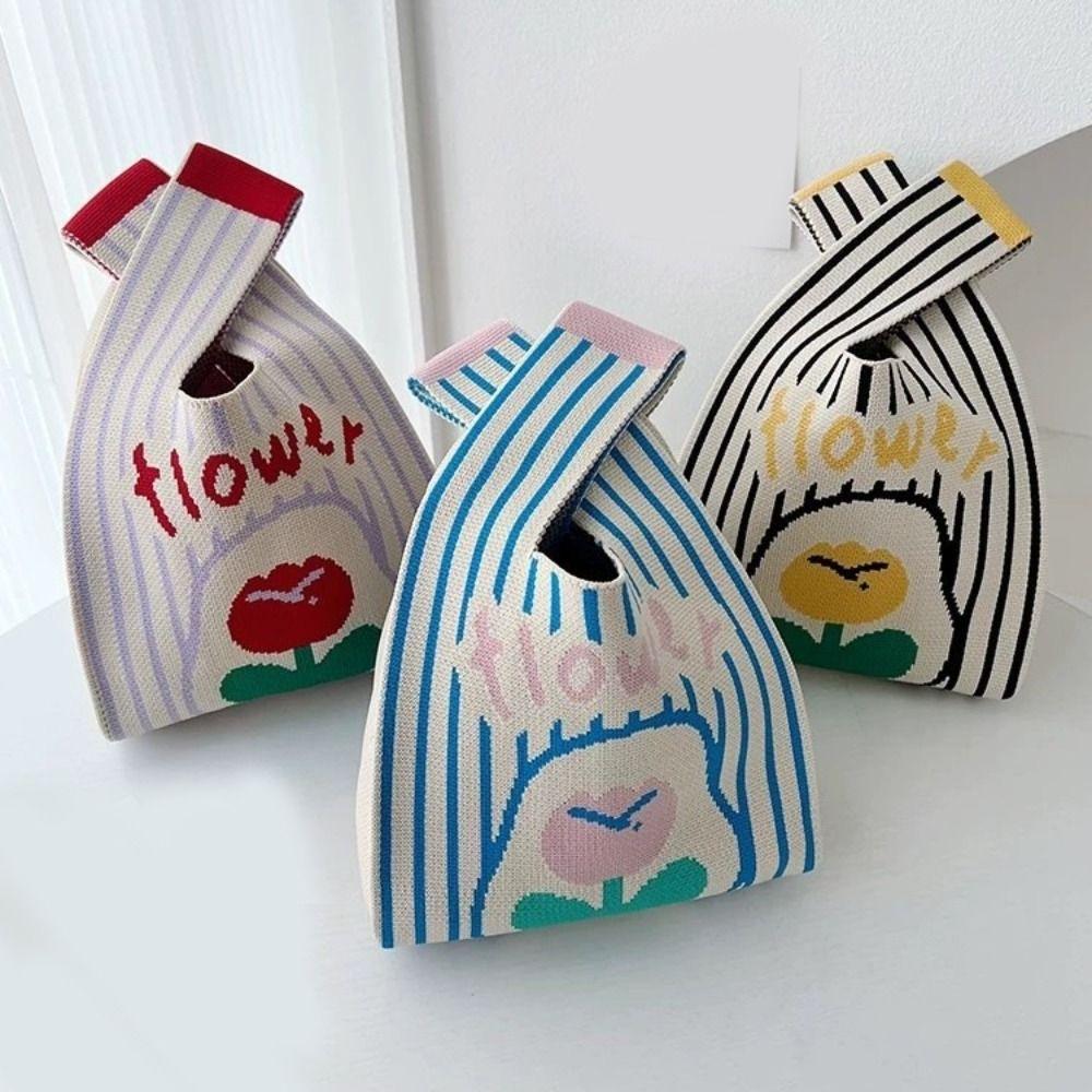 

Polyester Tulip Knitting Handbag Casual Knit Bags Gifts Flower Wrist-bag Women жовтий