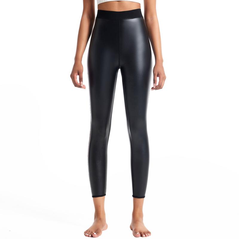 Übergröße Damen Neun-Viertel Bauchkontrolle Hüftlifting Formende Leder-Yogahose