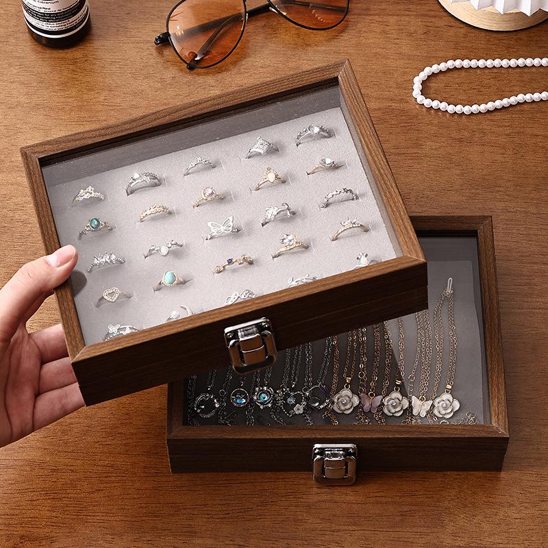 Compact Walnut Jewelry Box for Earrings, Rings, Necklaces, and Bracelets - with Lid and Display Case