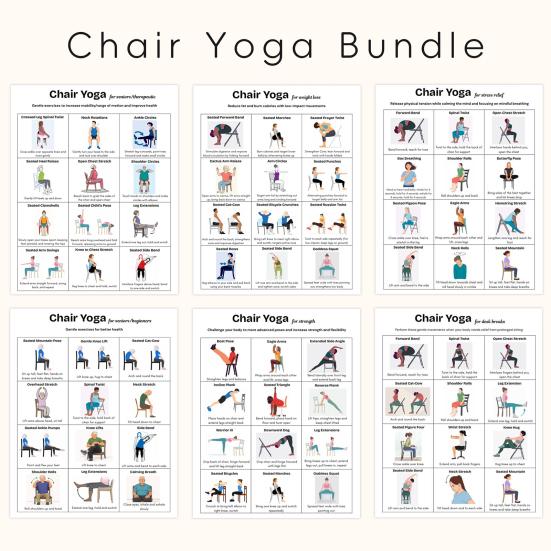 3er Set Stuhl-Yoga-Poster für Senioren, Übungsplan mit geringer Belastung zum Dehnen für ältere Menschen, Anleitung für das morgendliche Training im Sitzen für Flexibilität
