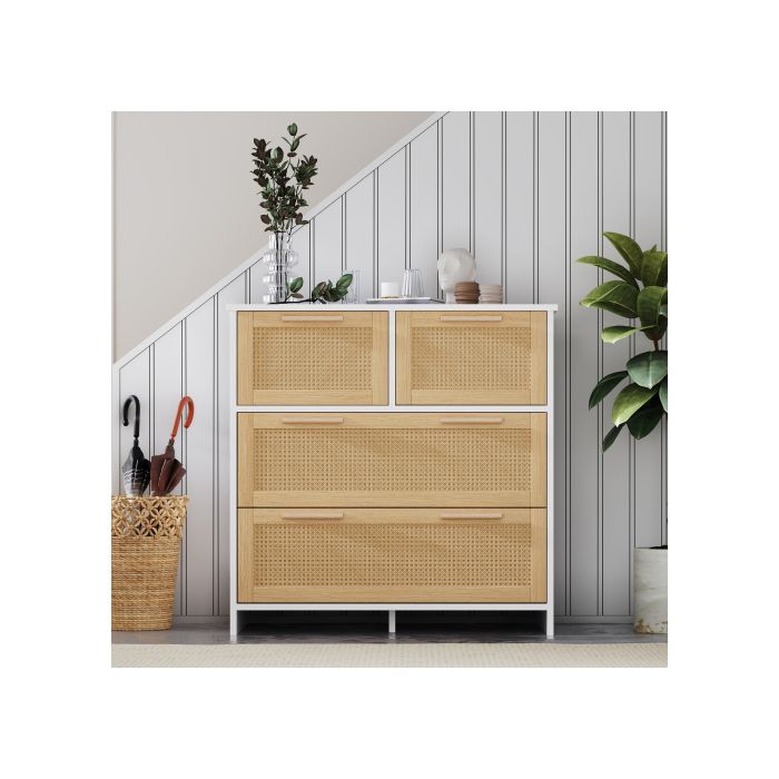 Armoire en rotin de haute qualité à 4 tiroirs avec poignées en bois massif Dimensions : L80/H80/T38 cm
