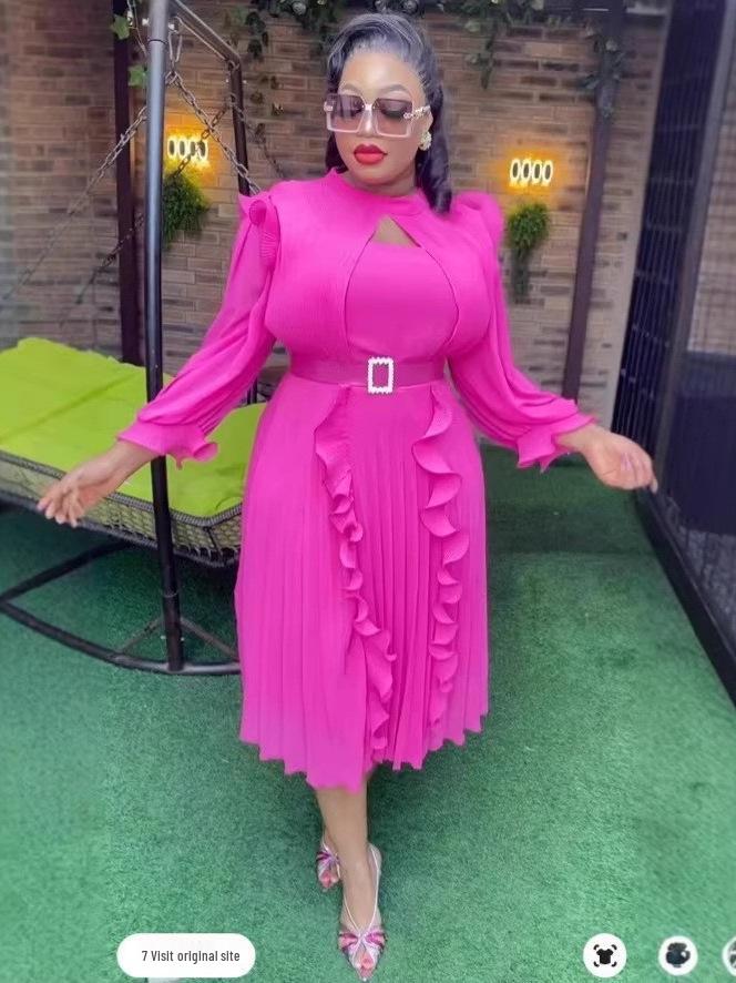 

Plus Size Women s Rose Red Hollow-Out Dress with Rhinestone Belt and Ruffles - Elegant Evening Gown 1XL рожевий червоний колір