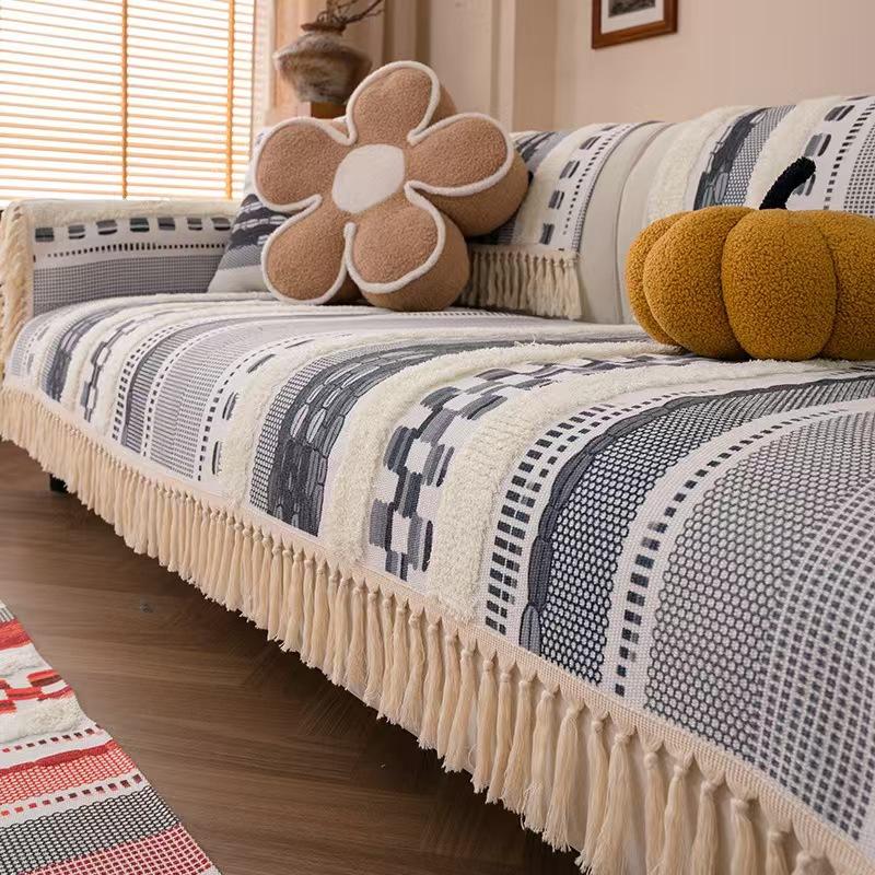 Anti-Cat Scratch Cotton And Linen Sofa Cover All-Inclusive Universal Cover All Seasons Universal Simple Geometric Fringed Sofa Cover Cover