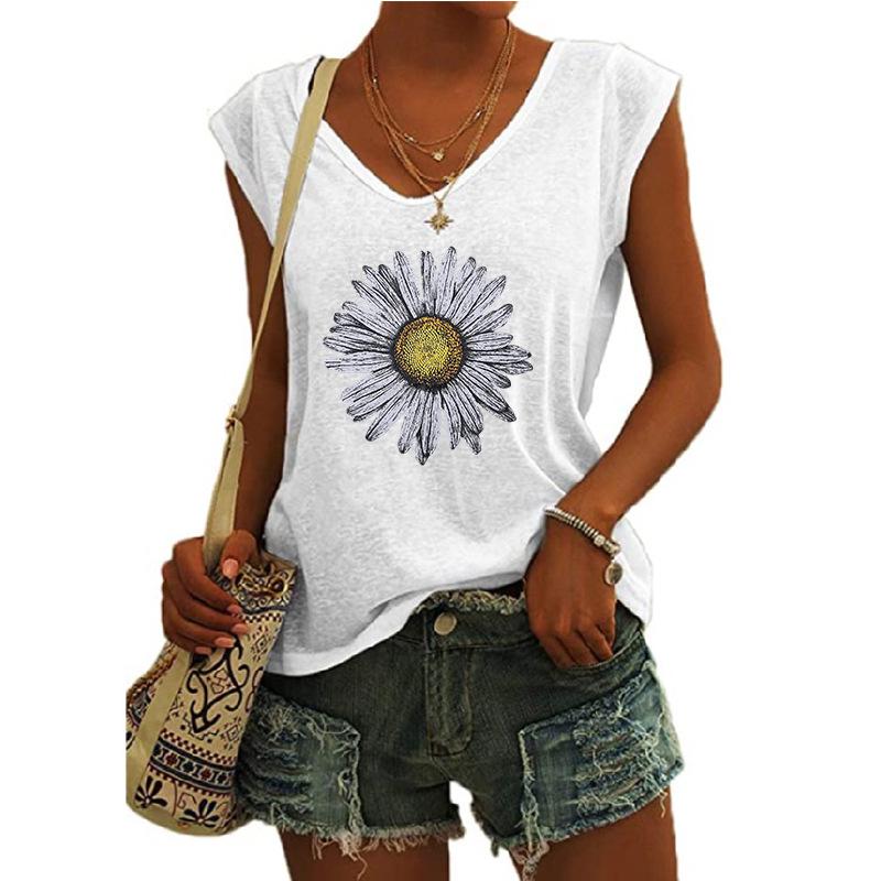 2023 Trendy Women's V-neck Print Cap Sleeve Loose T-shirt Top