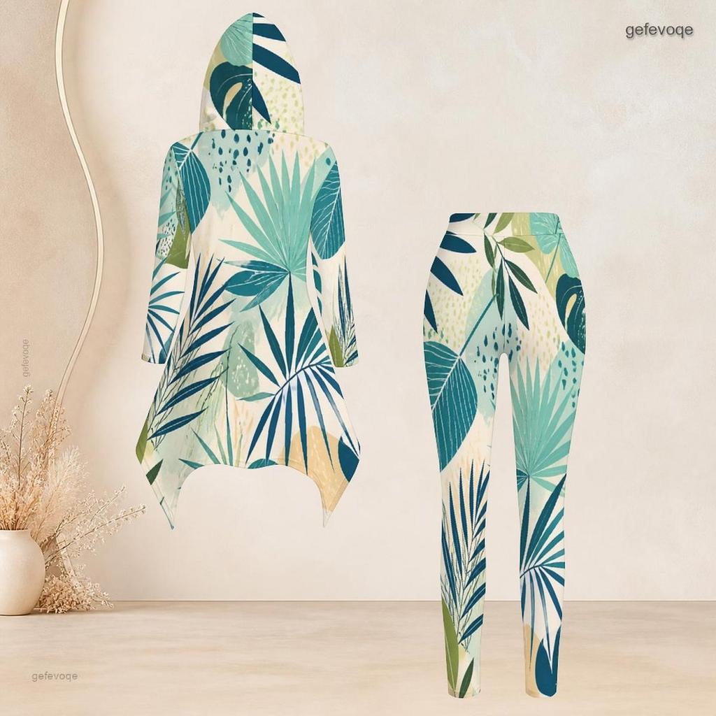 Women Plus Size 2 Piece Outfit Hooded Long Sleeve Tropical Leaf Printed High Low Top Fitted Pants