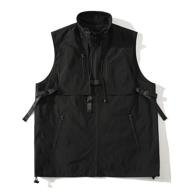 Spring Autumn Men Trendy Motorcycle Workwear Vests Men Zip-Up Stand Collar Vest Men Design Casua Multi Pocket Waistcost