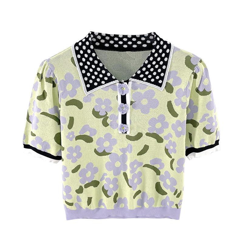 

Летняя футболка женская контрастного цвета с жаккардовыми цветочными лацканами и пышными рукавами вязаная рубашка женский свитер с короткими рукавами B-014 M зелёный